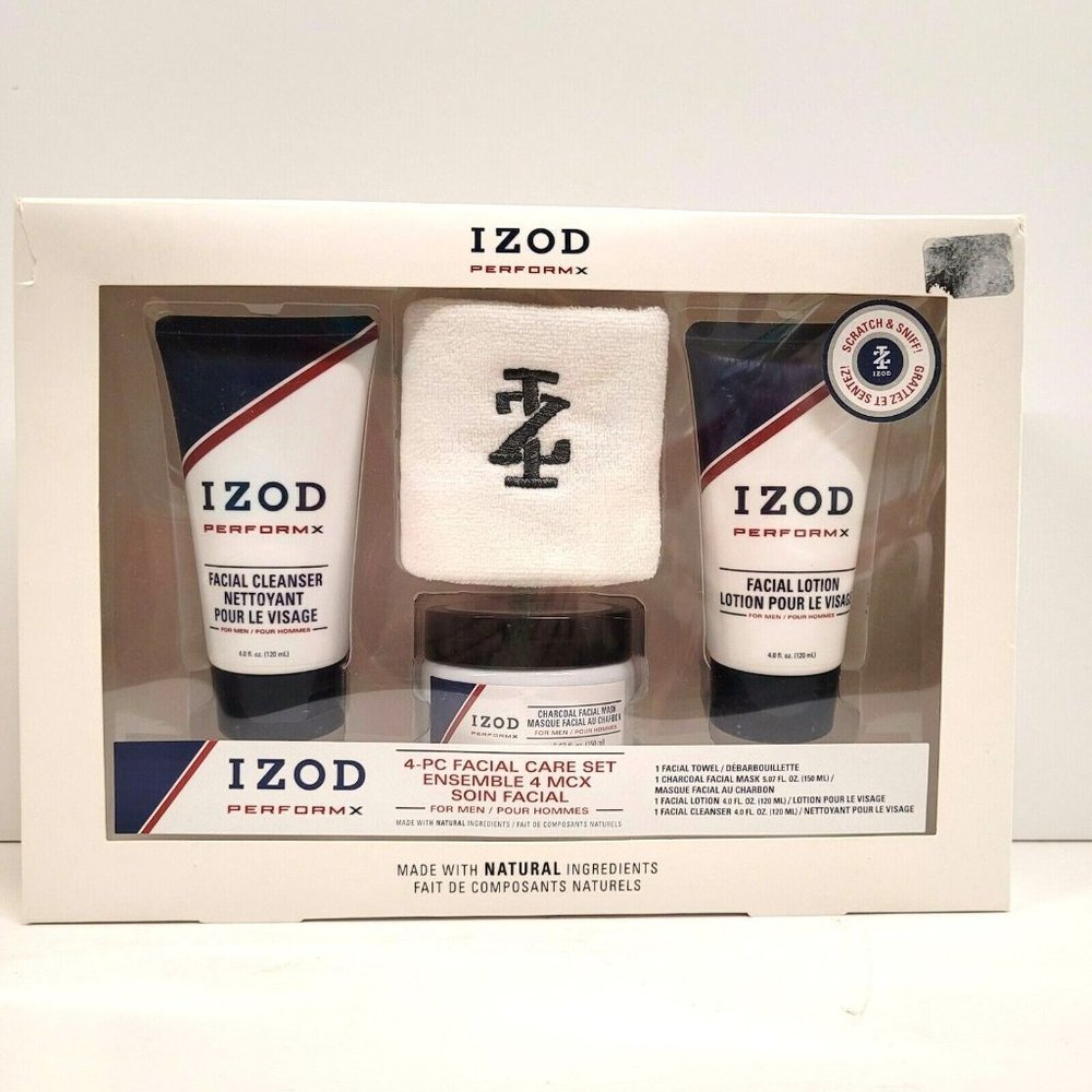 IZOD Performx 4 Pc Men Facial Care Set Blue and White For Man NIB Towel Mask
